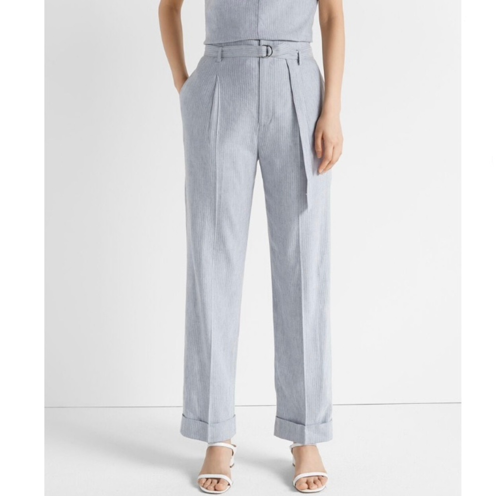 Club Monaco Belted Linen Trousers Chambray Stripe sz 6